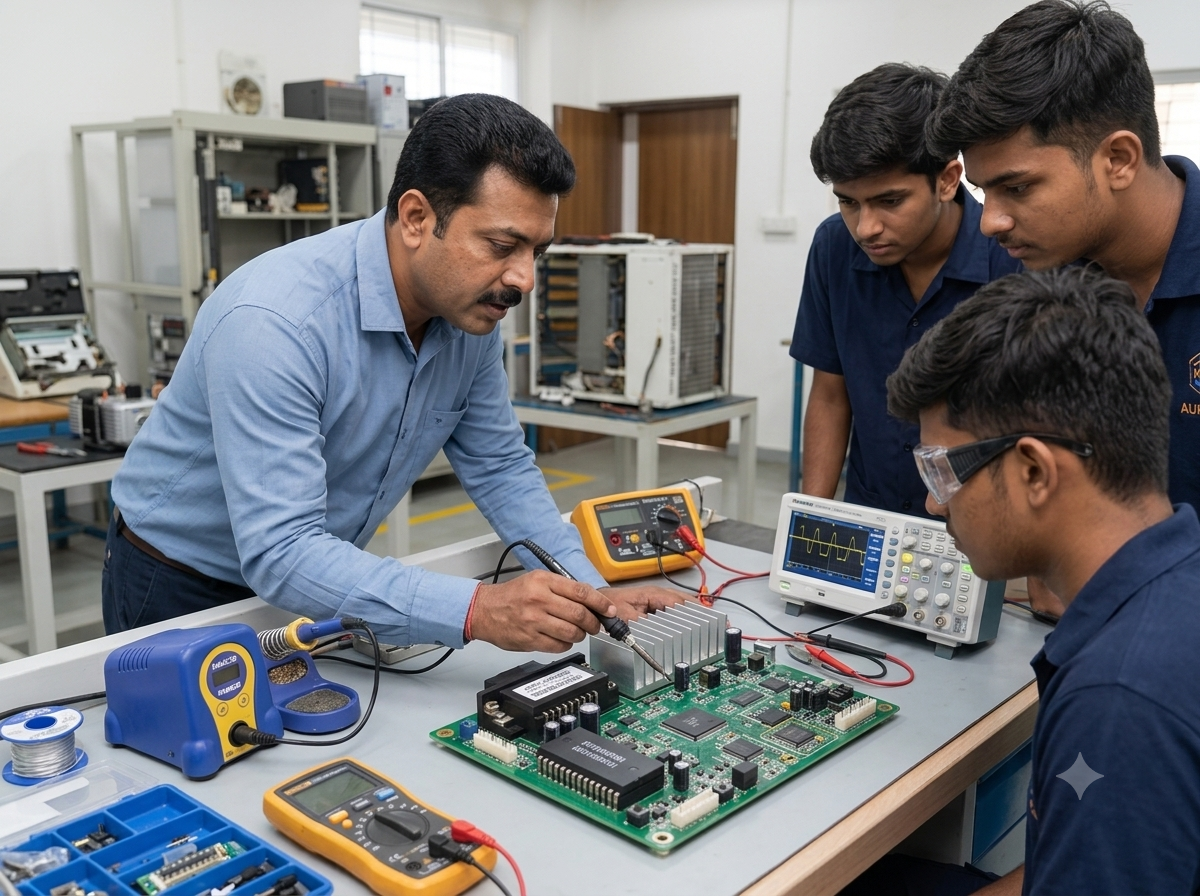 Indian electronics instructor demonstrating Inverter AC PCB motherboard soldering and IPM circuit testing to students in practical lab.
