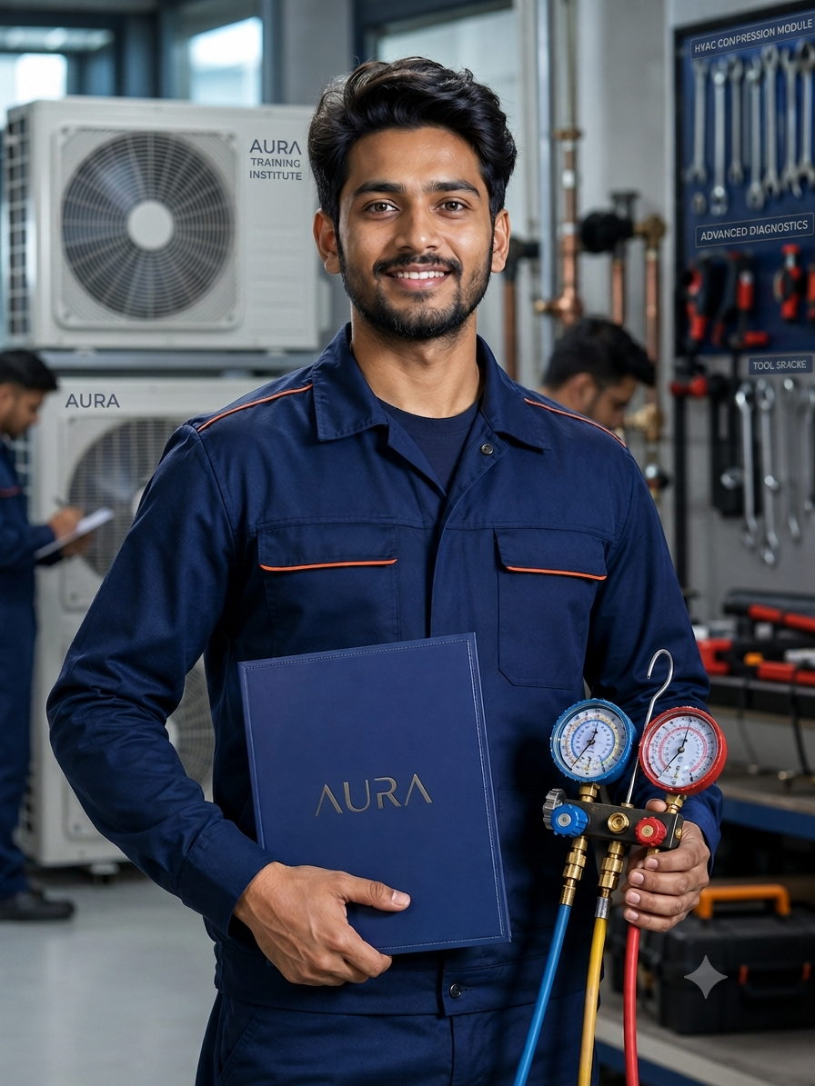 Confident Indian certified HVAC technician Rahul Sharma holding diploma folder and refrigerant manifold gauge in practical training workshop at Aura Multi Skill Academy.