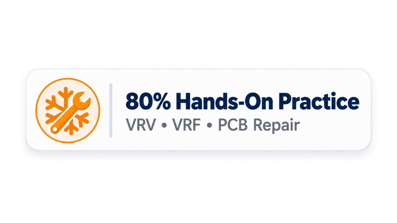 Icon and text graphic stating "80% Hands-On Practice" for VRV, VRF, and PCB Repair training.