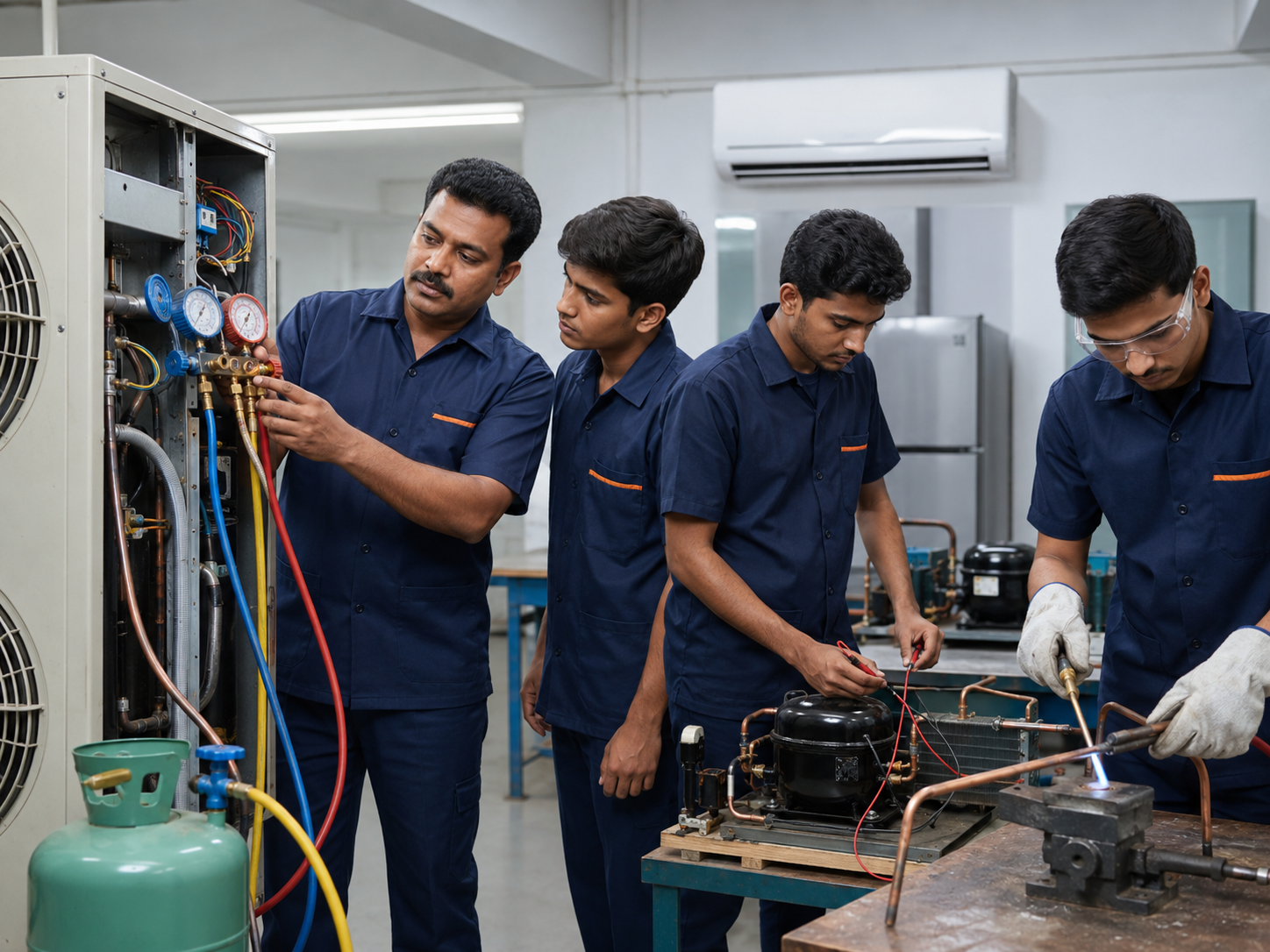 Indian HVAC instructor teaching students refrigerant pressure testing on an outdoor AC unit and compressor electrical troubleshooting in a workshop.