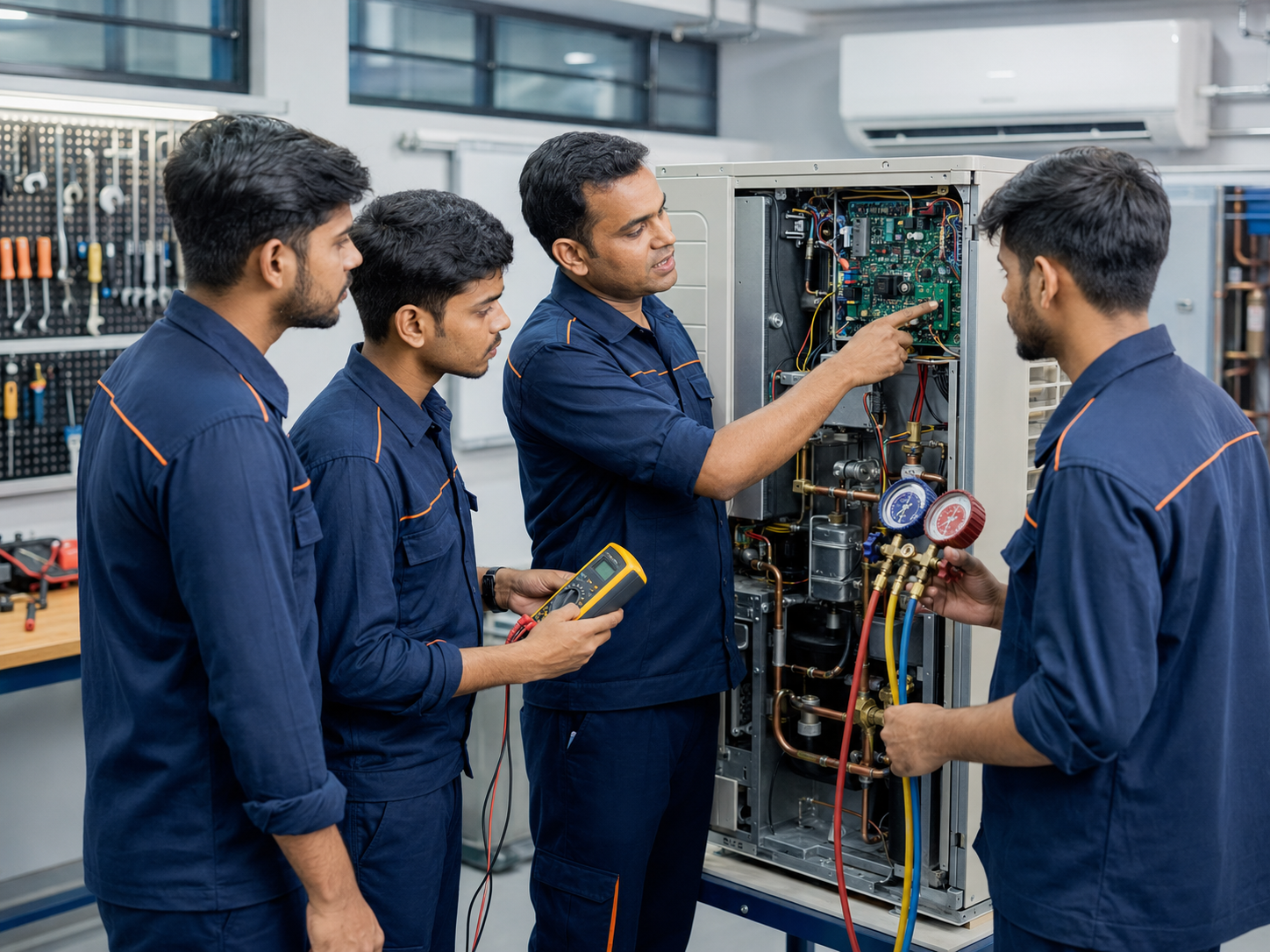 Indian HVAC students and instructor doing practical troubleshooting on an outdoor AC unit in a technical workshop.