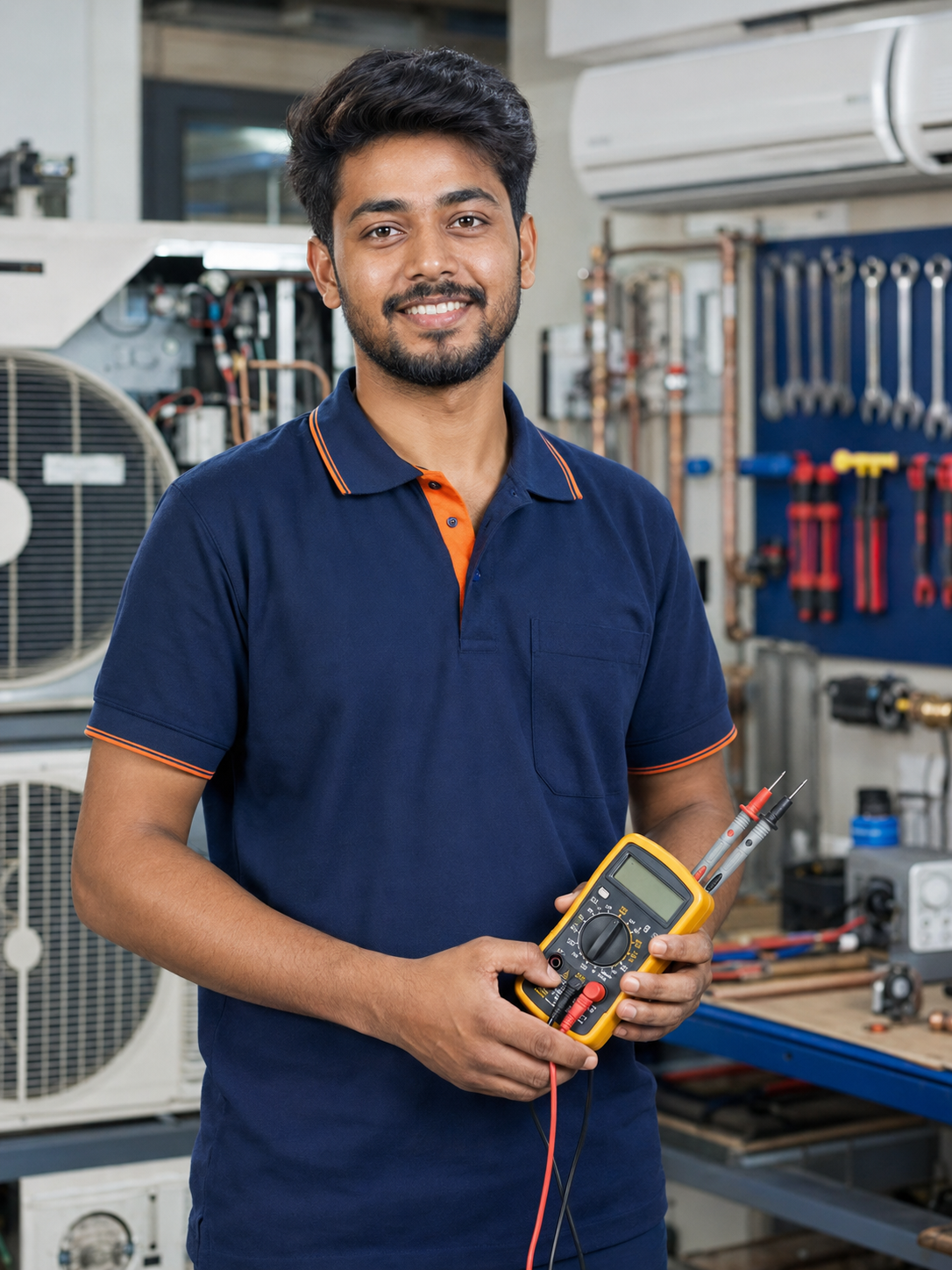 Mohit Choudhary, AC service specialist holding digital multimeter in technical workshop at Aura Multi Skill Academy.