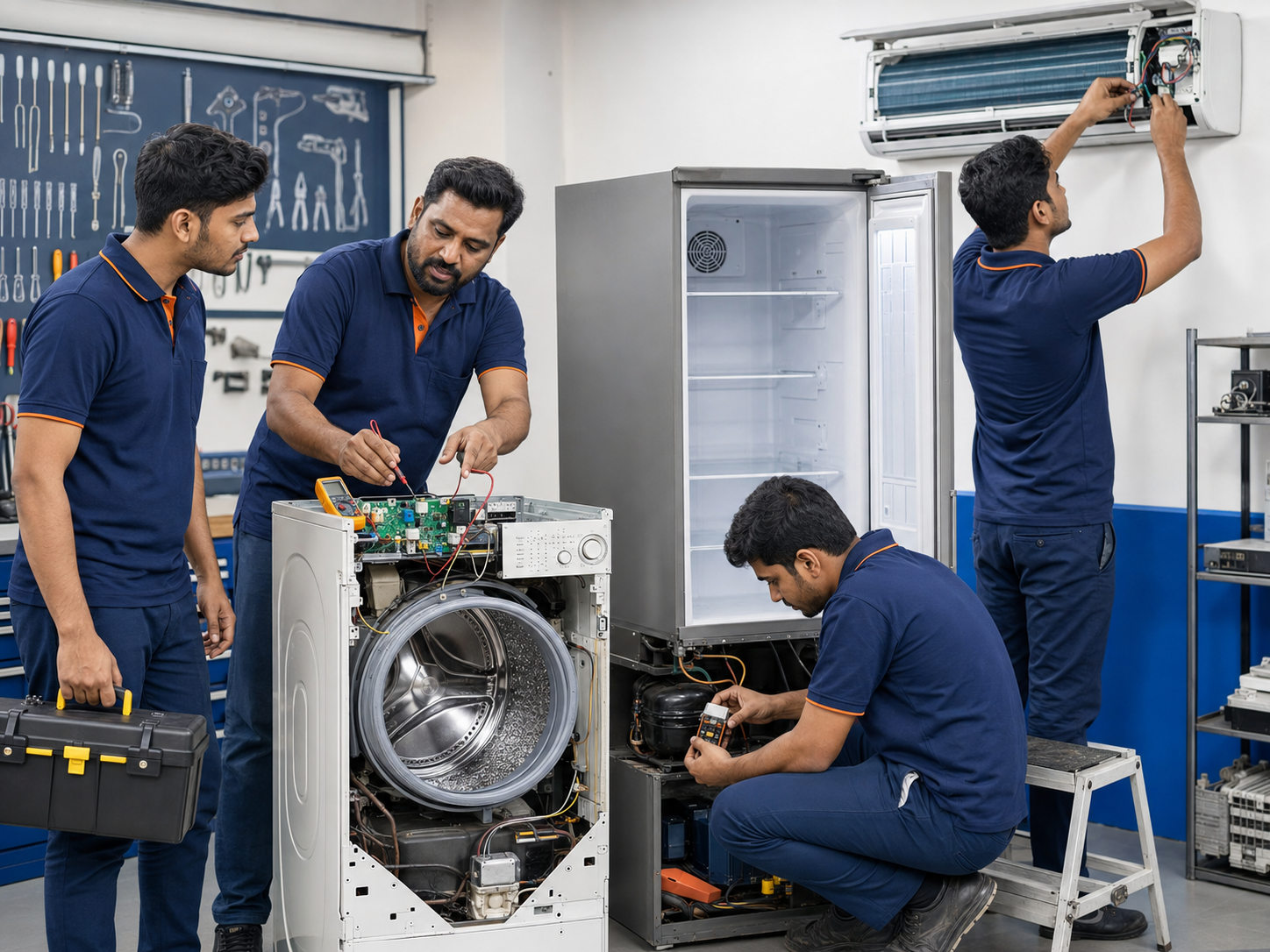 Indian technical instructor and students repairing washing machine PCB, testing refrigerator compressor, and servicing split AC unit in practical workshop.