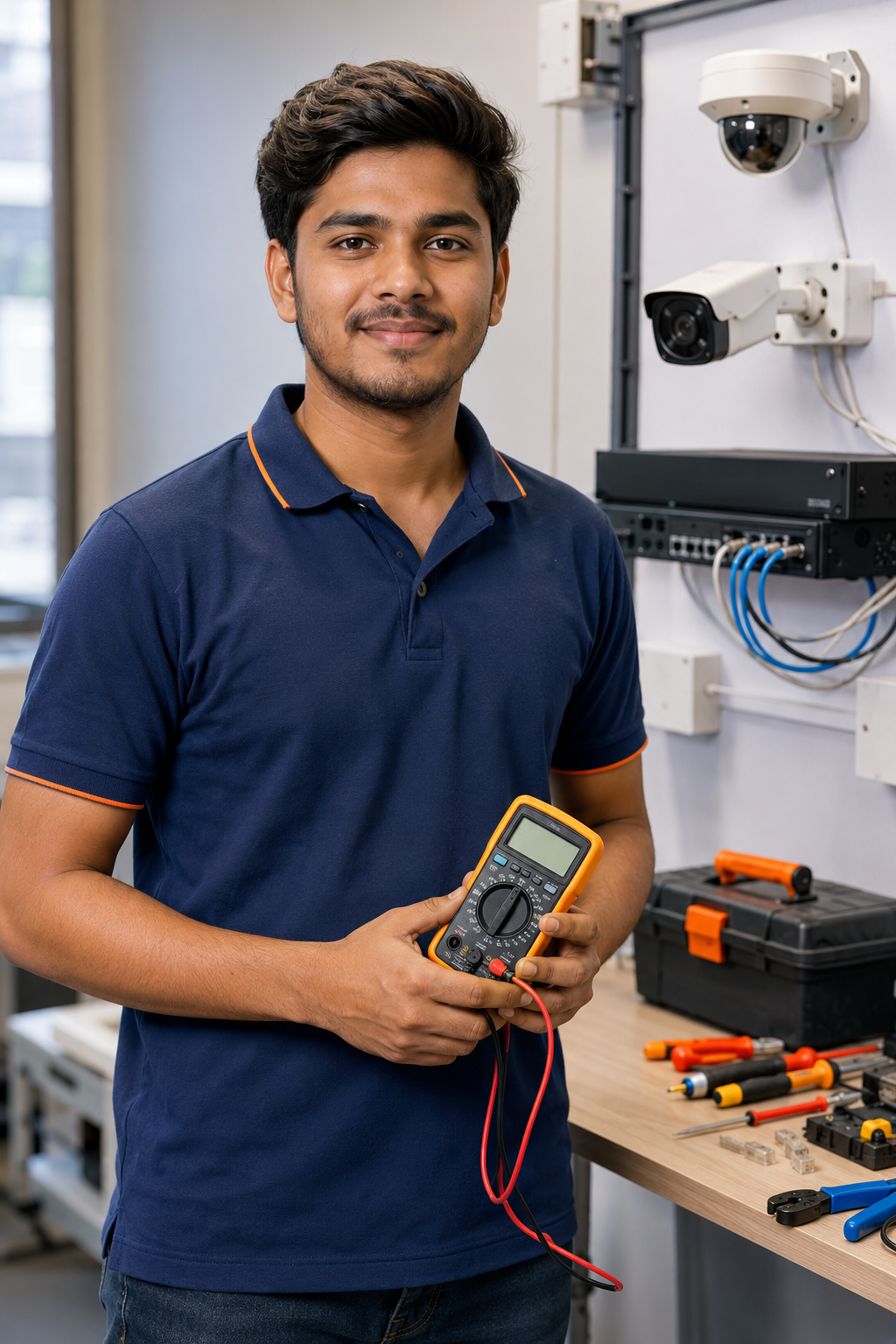 CCTV course student holding a digital multimeter in the security system practical lab at Aura Multi Skill Academy