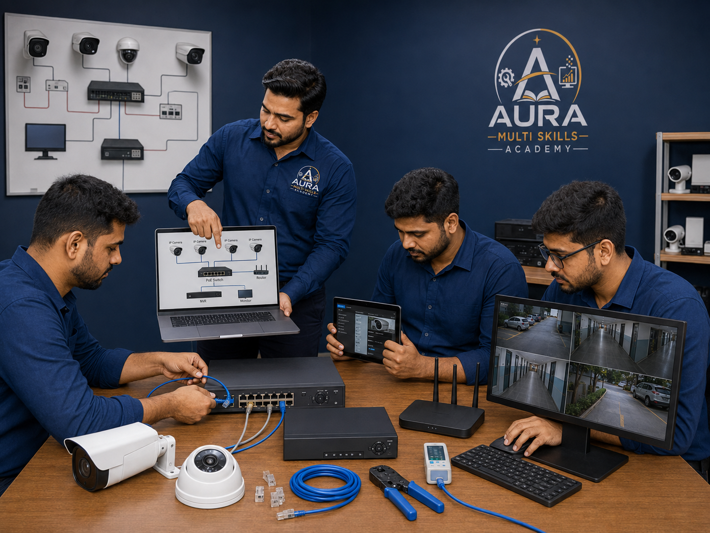 Trainer teaching IP camera configuration, PoE networking and NVR setup to students at Aura Multi Skills Academy