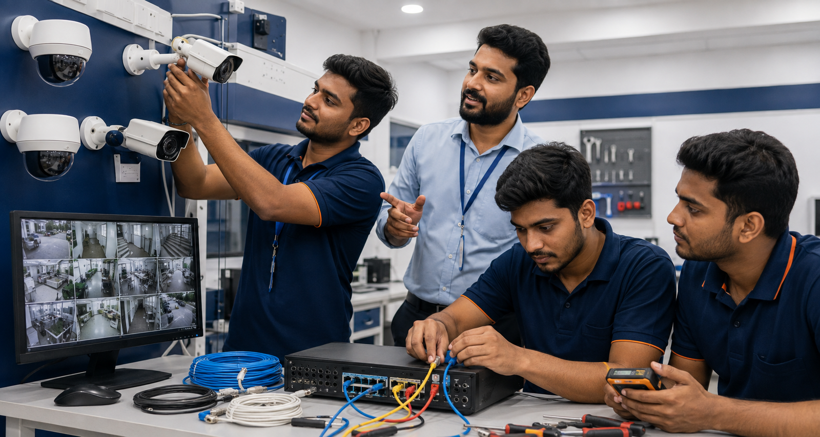 Indian trainer guiding students during CCTV camera installation and DVR/NVR practical training at Aura Multi Skill Academy