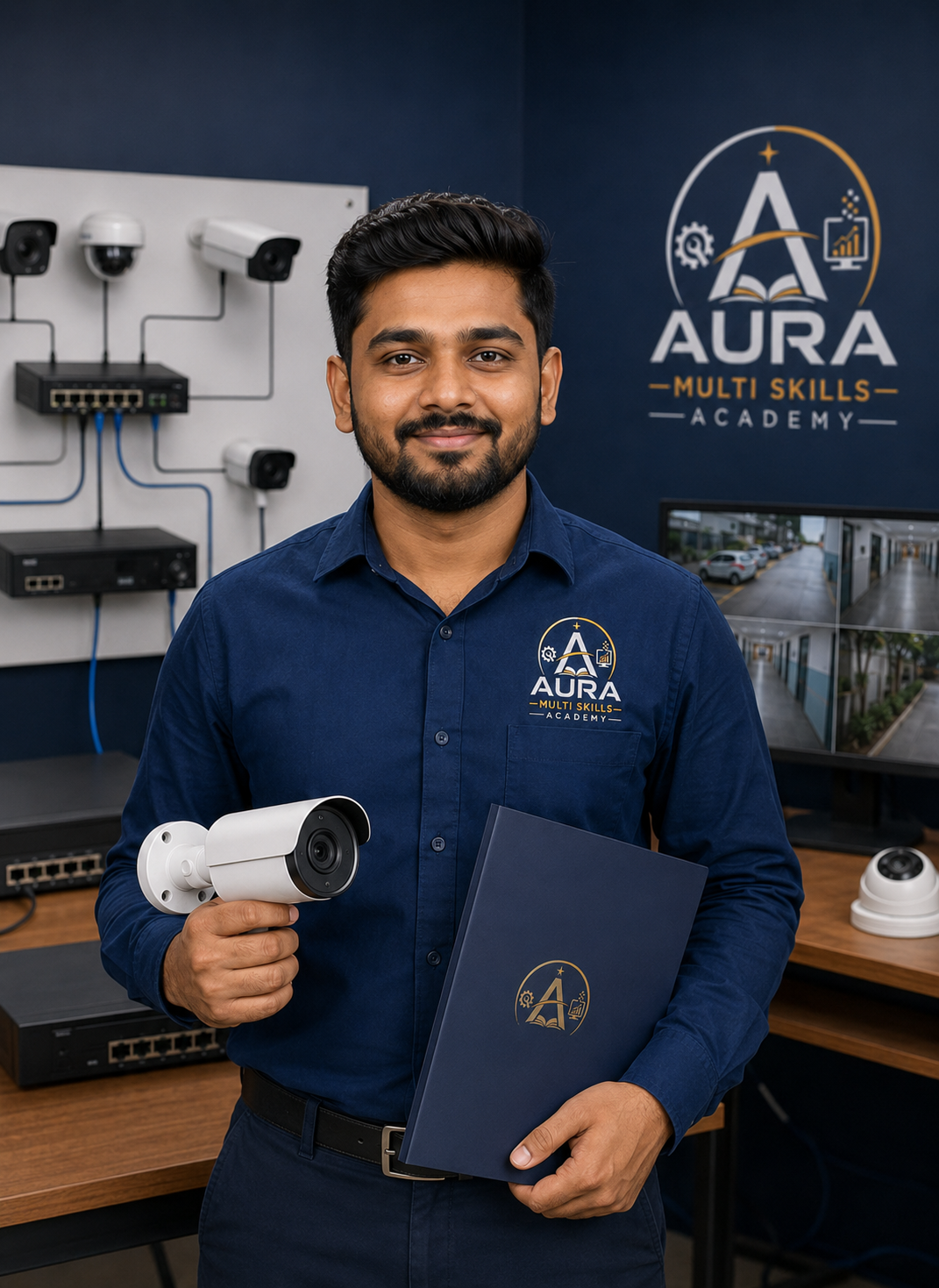 CCTV course student holding a security camera at Aura Multi Skills Academy practical training lab