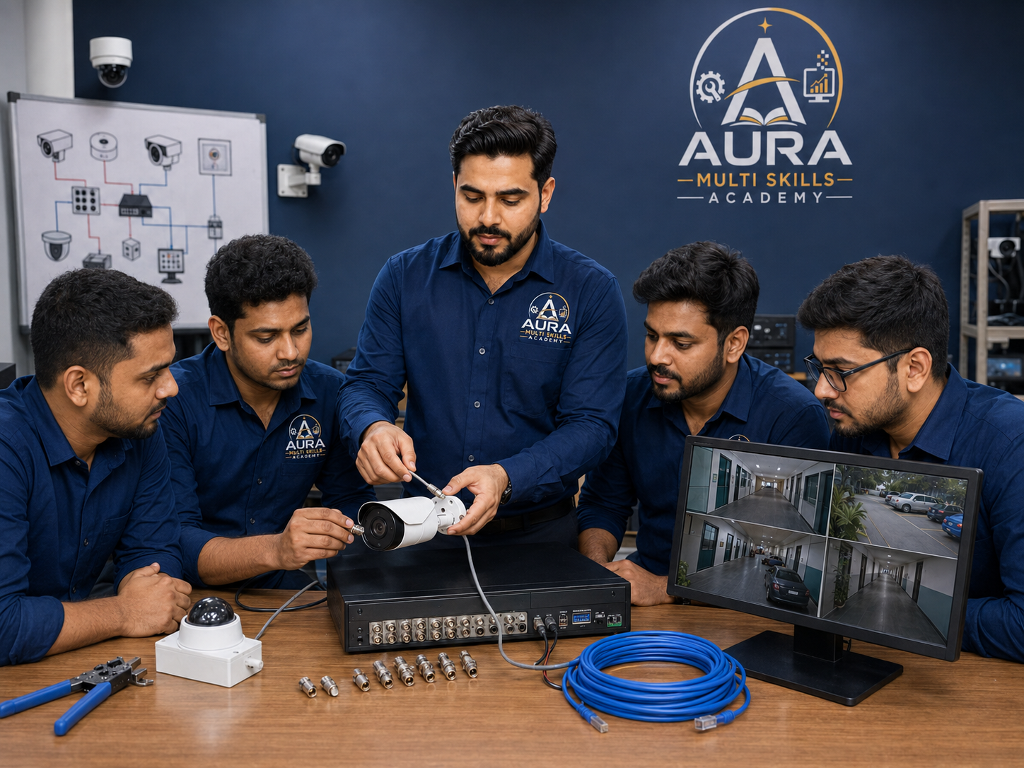Teacher providing CCTV camera installation practical training to students at Aura Multi Skills Academy