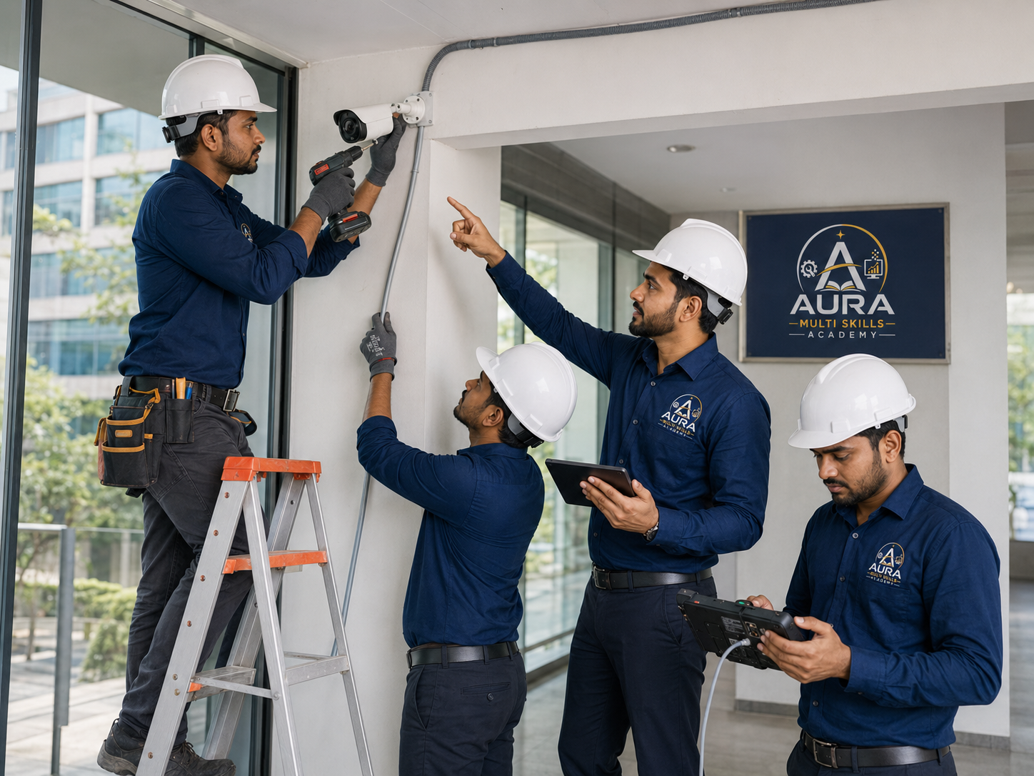 Students installing a CCTV camera on site with trainer guidance at Aura Multi Skills Academy