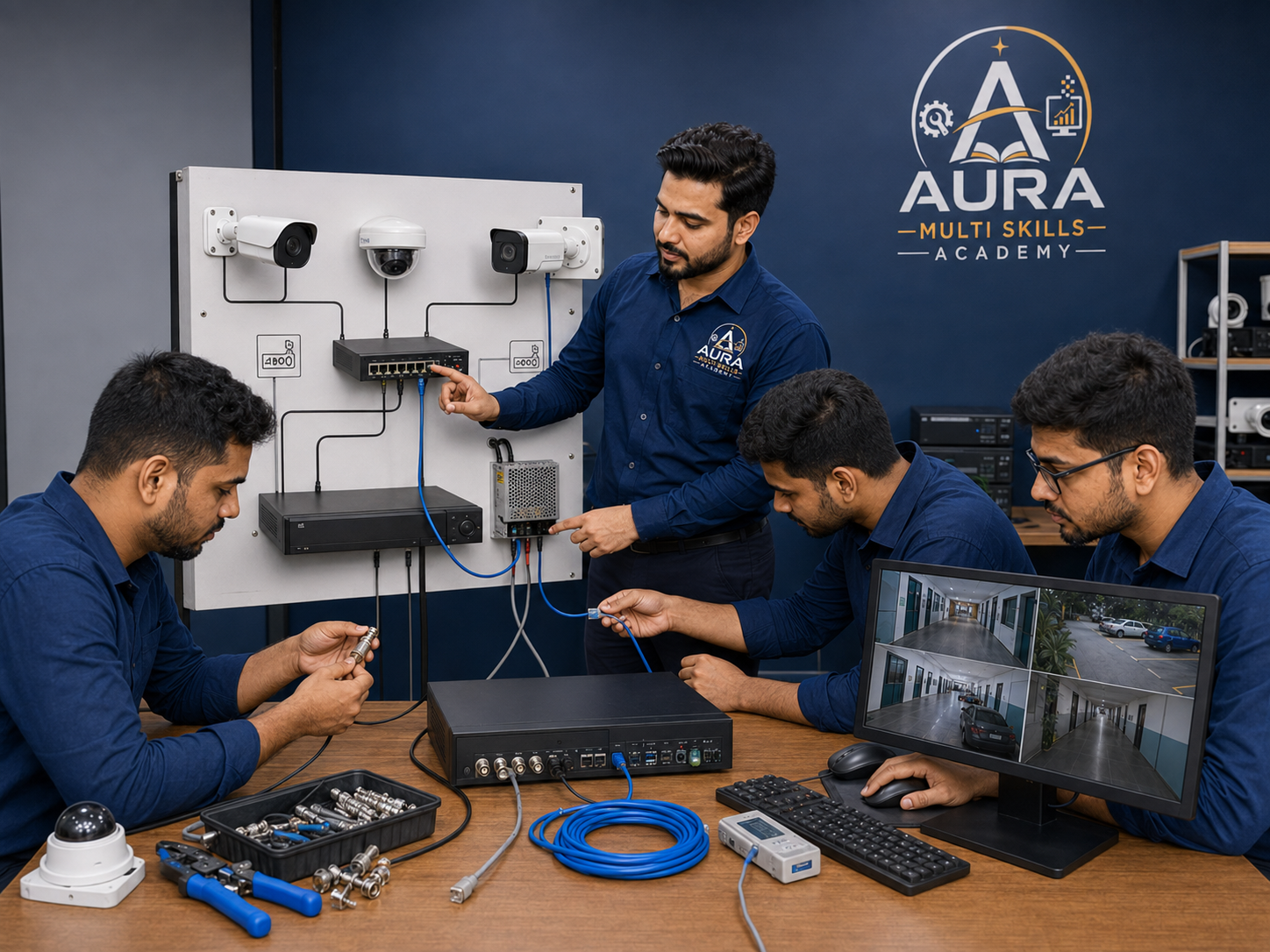 Trainer teaching CCTV camera installation, DVR NVR setup and IP camera networking to students at Aura Multi Skills Academy