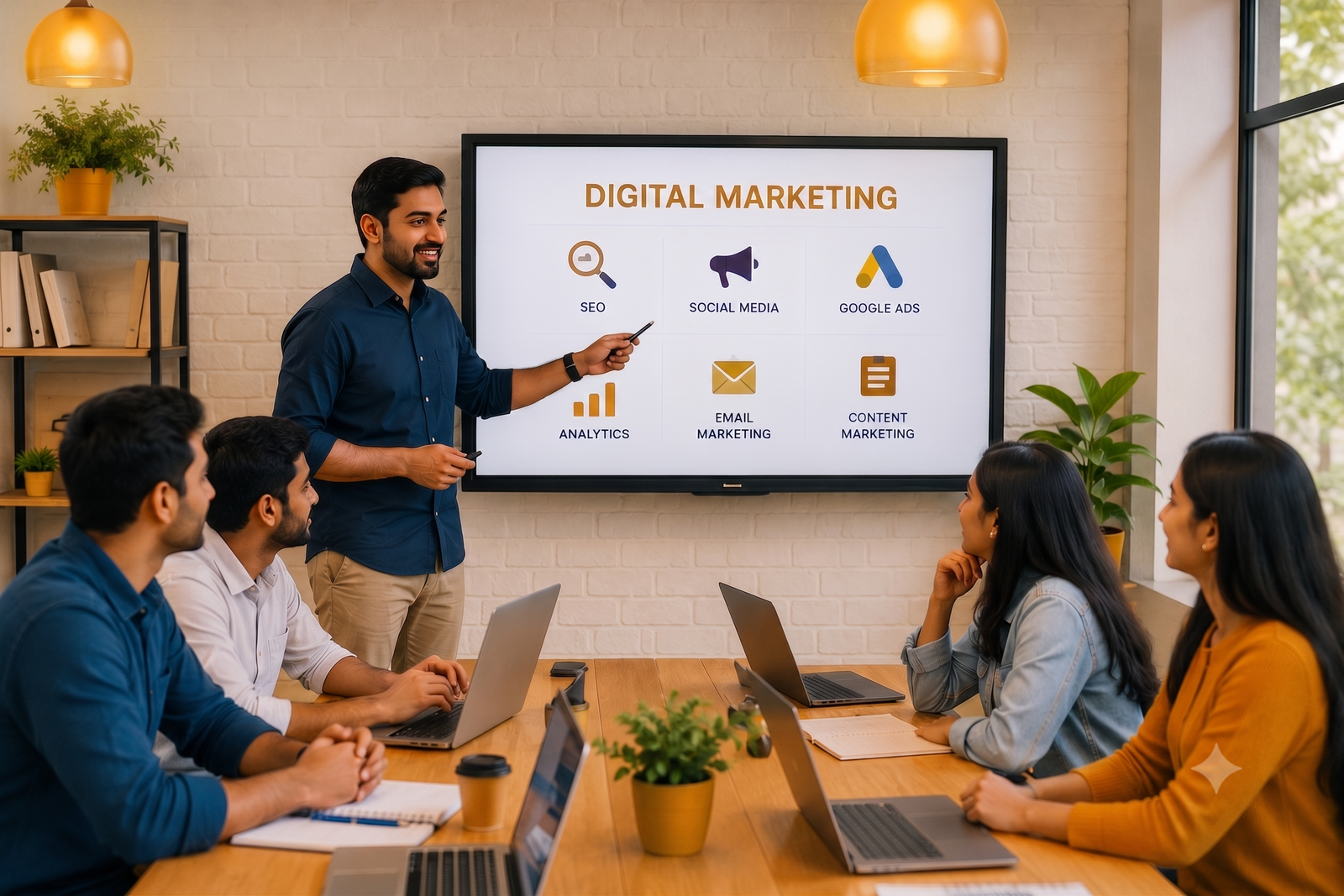Professional presenting a digital marketing strategy covering SEO, Google Ads, and social media to a team in a conference room.