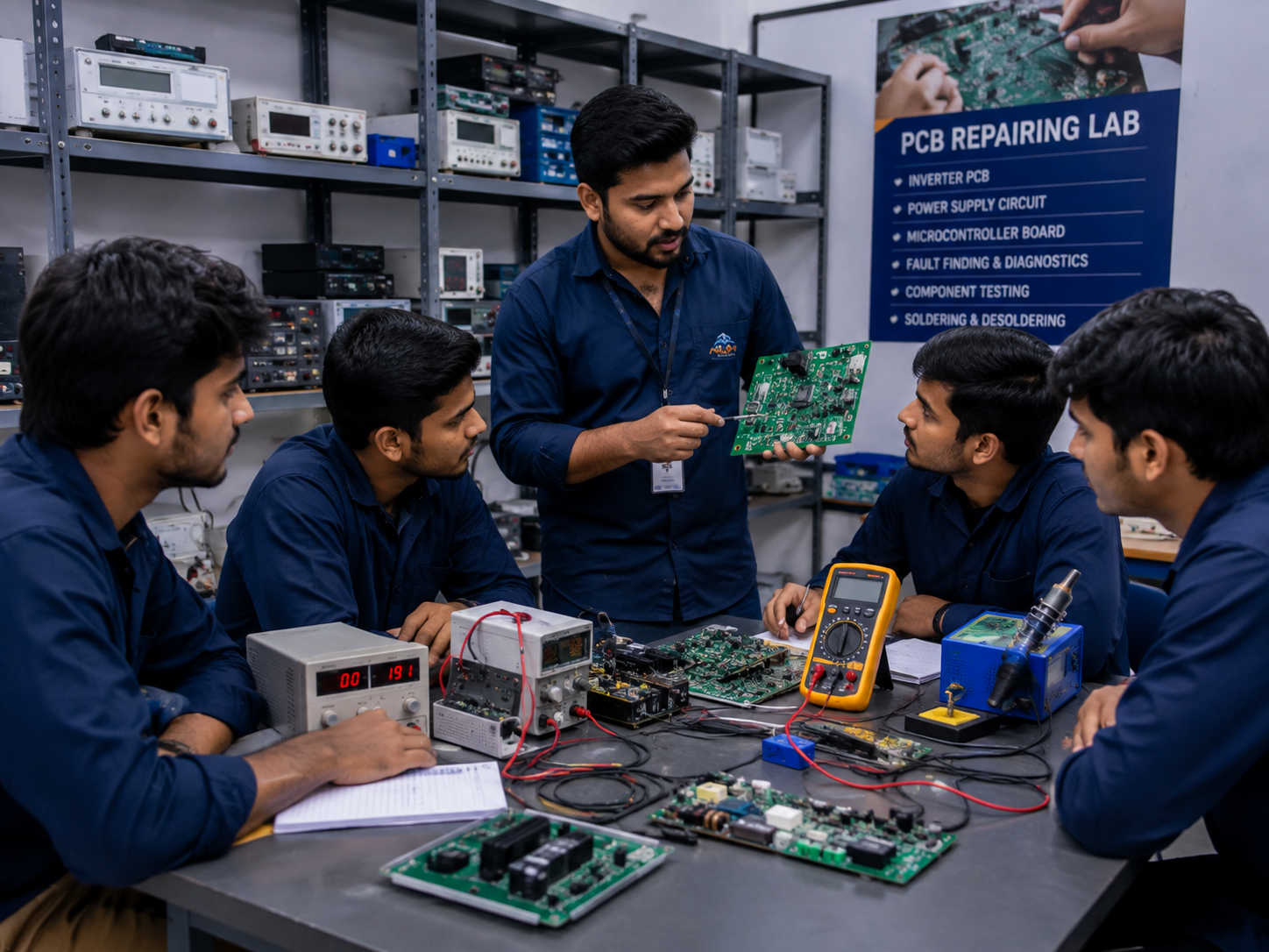 PCB repairing practical training with trainer and students in electronics lab at Aura Multi Skill Academy