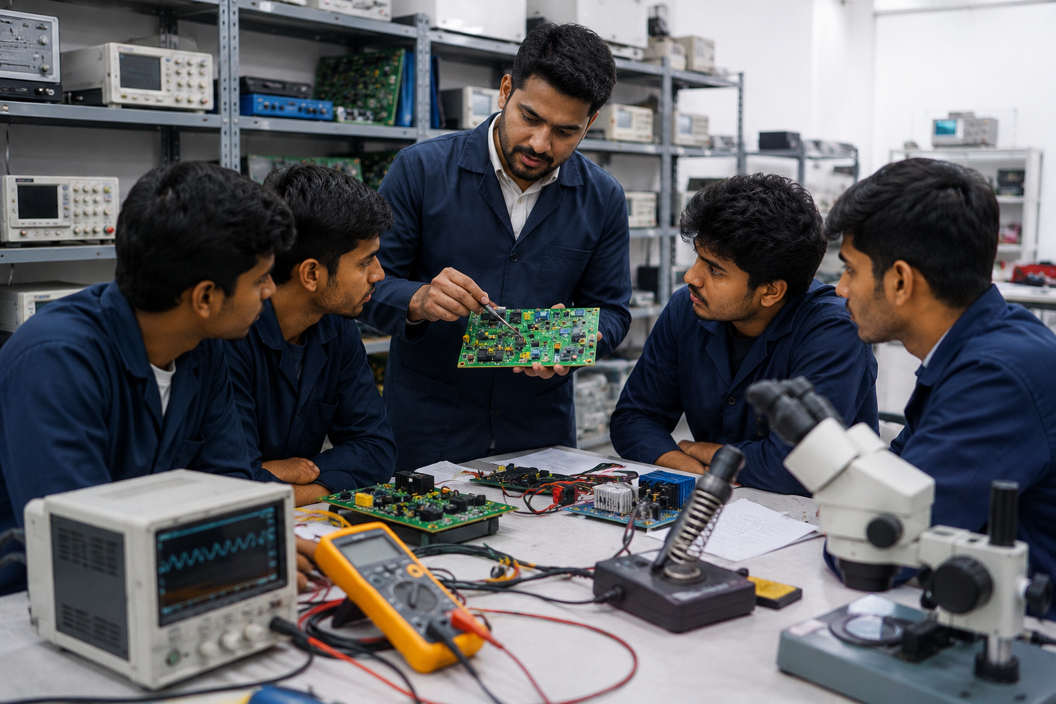 Professional PCB repairing practical training with trainer and students in electronics repair lab